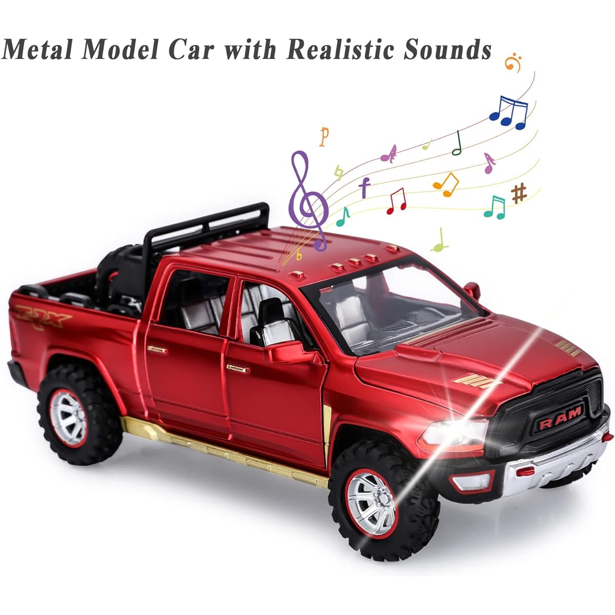SASBSC Toy Trucks for Boys RAM 1500 Pickup Truck Toy Diecast Metal Model Car with Lights and Sounds Pull Back Car Toy for Kids Ages 3+ (Red)