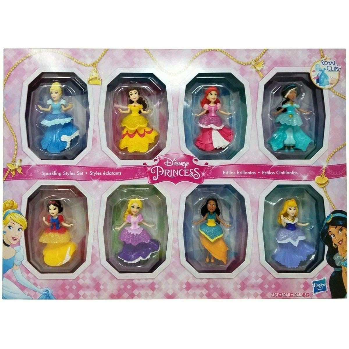 Disney Princess Sparkling Style Small Dolls Set of 8 with Royal Clips