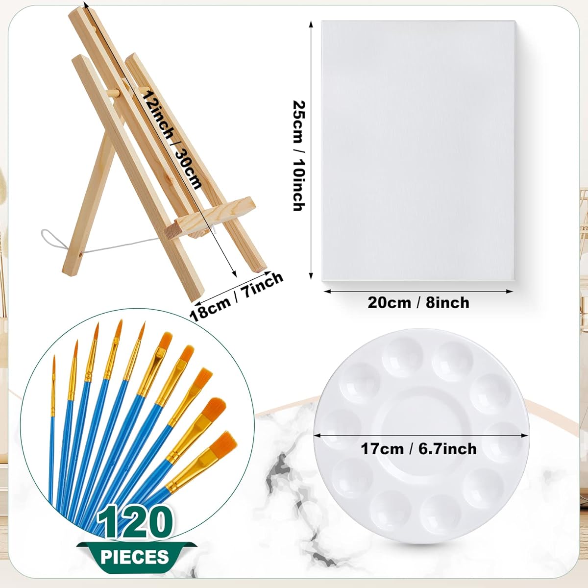 156 Piece Art Painting Set with 12 Wooden Easels, 12 Cotton Panels, 12 Plastic Palettes, 120 Paint Brushes for Kids, Adults, Teenagers, Pouring Oil, Watercolor Paints, DIY Party Supplies