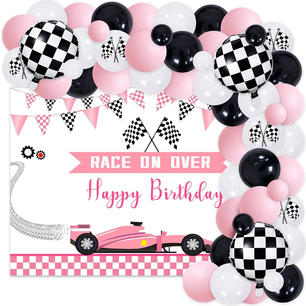 Pink Racing Car Birthday Party Decorations with Lace Backdrop Pink Balloon Garland Kit Kids Birthday Party Supplies Girls Racing Car Birthday Baby Shower Party Decorations