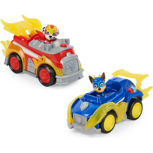 Paw Patrol Mighty Pups Super Pose Deluxe Vehicle Collector Figure Marshall & Chase