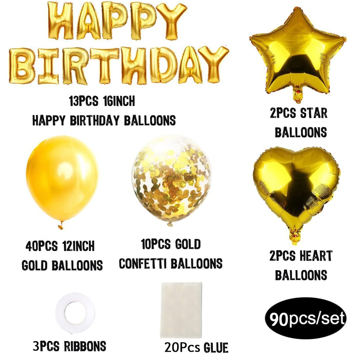 duahappy Happy Birthday Balloon Banner Heart Stars Confetti Balloons for Birthday Party Decorations (Gold)