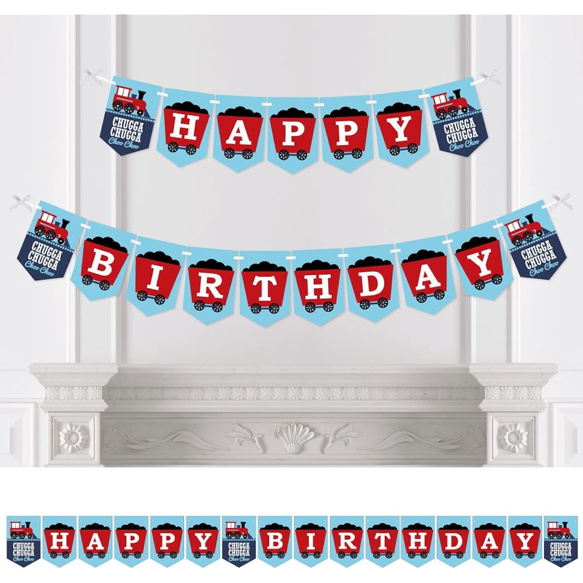 Big Dot of Happiness Train Party Crossing - Steam Train Birthday Party Bunting Banner - Birthday Party Decorations - Happy Birthday