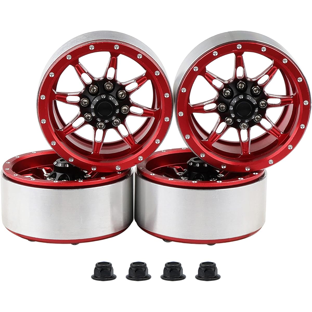 Newzoll RC Wheel Hub 4 Pieces Set 1.9" Aluminum Alloy Beadlock Wheel Hub Rim for 1/10 RC Car TRX4 SCX10 KM2 90046 Red
