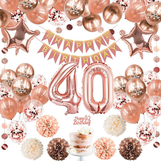 40th Birthday Decorations for Women Girls Rose Gold Birthday Party Decorations Happy Birthday Banner with Tassels Confetti Number Balloons 40th Birthday Decorations for Her