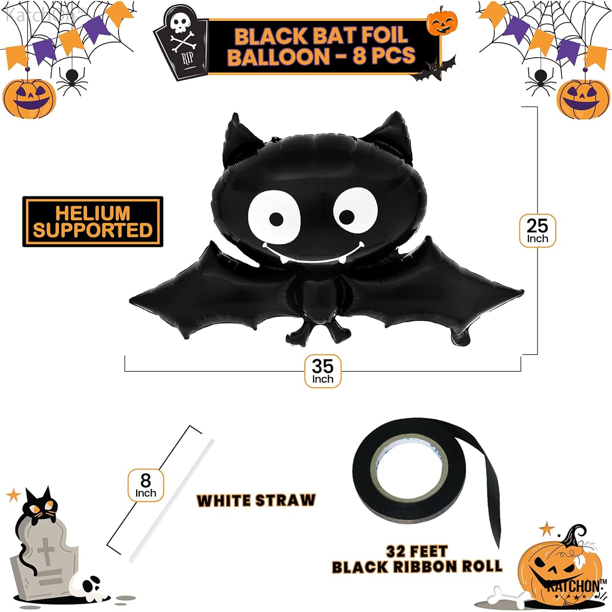 KatchOn Black Halloween Bat Balloons - 35 Inch Pack of 8 | Spooky Halloween Balloons | Halloween Party Decorations | Baby Bat Balloons | Halloween Mylar Balloons | Halloween Birthday Decorations