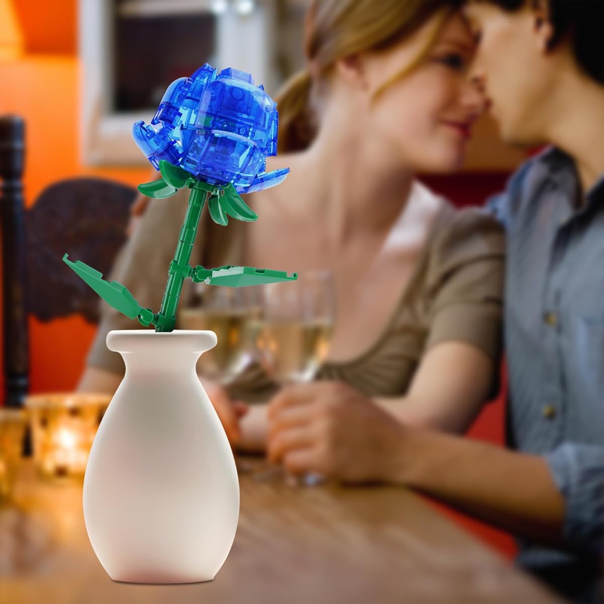 Rose Gift Present Artificial Flower Decoration Mini Building Blocks Compatible with Lego Blue 68 Pieces