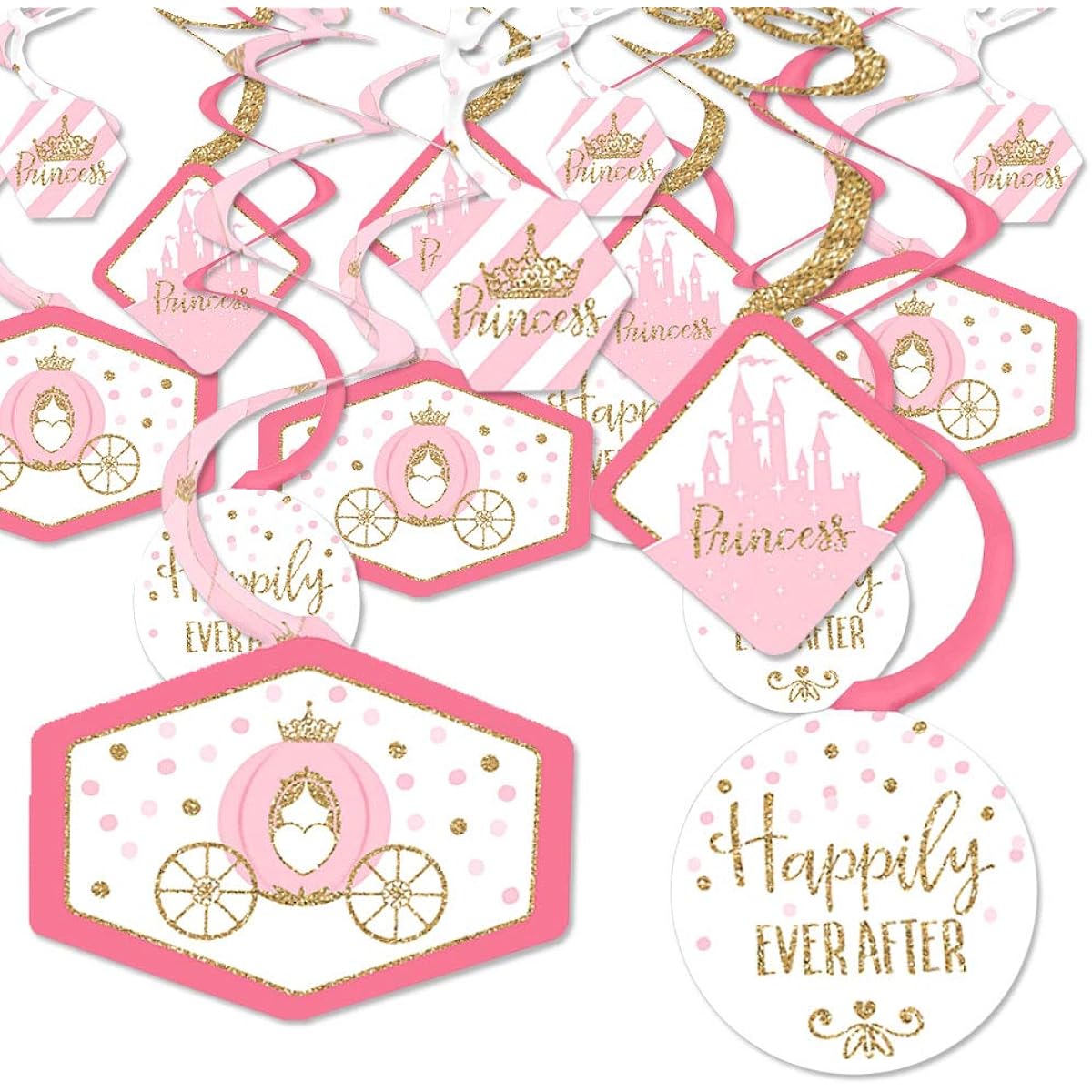 Little Princess Crown - Pink and Gold Princess Baby Shower or Birthday Party Hanging Decorations - Party Decoration Swirls - Set of 40
