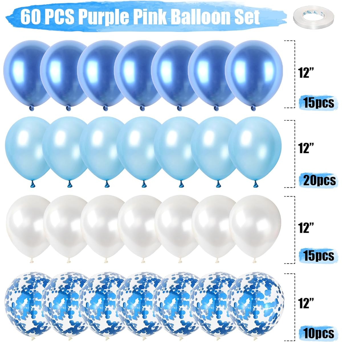 Blue White 60pcs Purple and White Balloons Set Gold Confetti Metallic Gold Balloons Lavender Balloons Lilac Balloons 12inch Dark Purple Balloons for Princess Girls Birthday Party