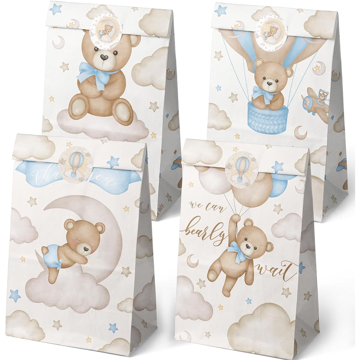 Outego Teddy Bear Party Favor Bags, 24pcs Brown Bear Balloon Baby Shower Goodie Bags, Balloon Bear Theme Baby Shower Bags, Teddy Bear Baby Shower Decorations