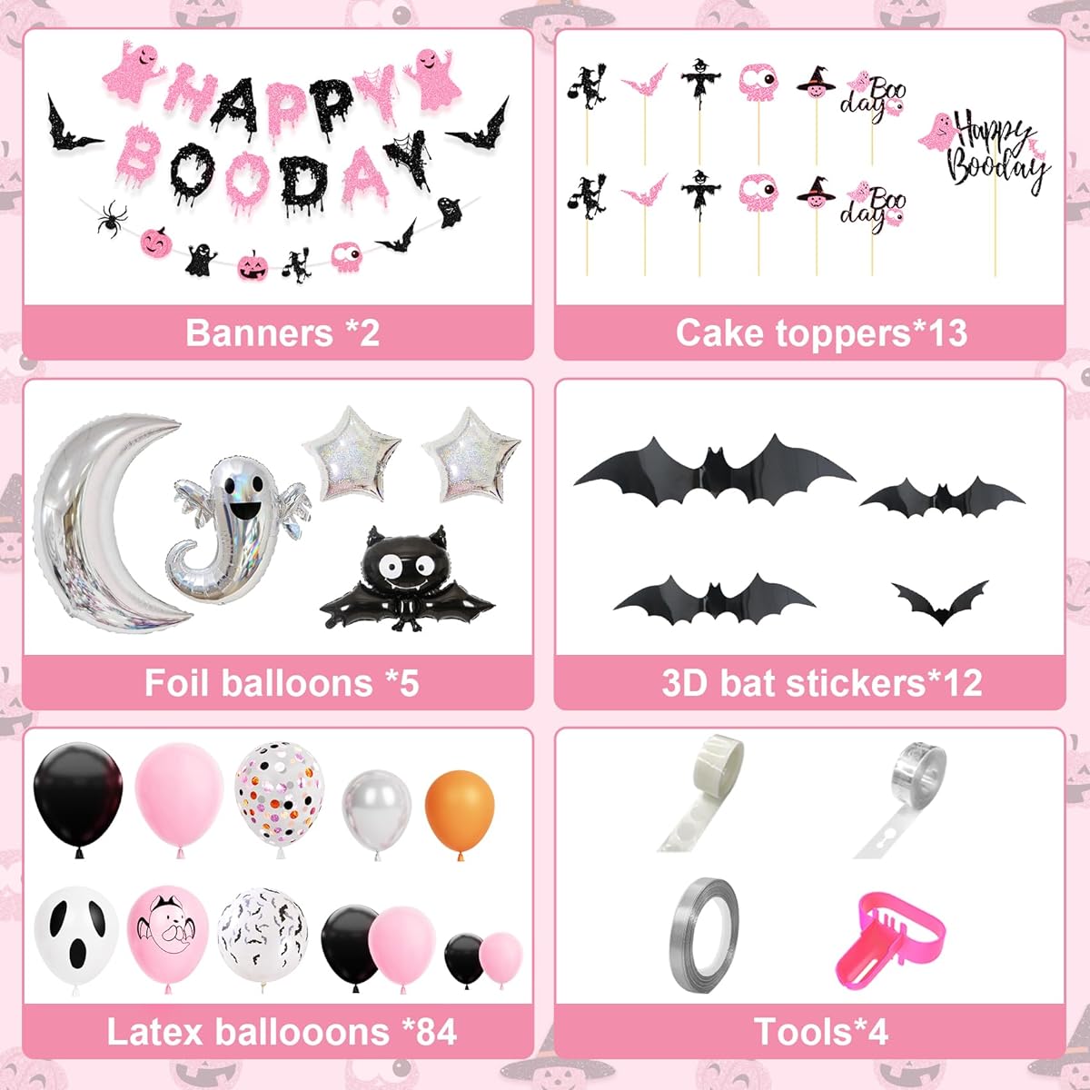 Amandir Pink Black Halloween Birthday Party Decorations for Girls Boys,Happy Boo Day Banner,Halloween Balloons Garland,Ghost Cake Topper,3D Bat Stickers,Halloween Scary Theme Baby Shower Supplies