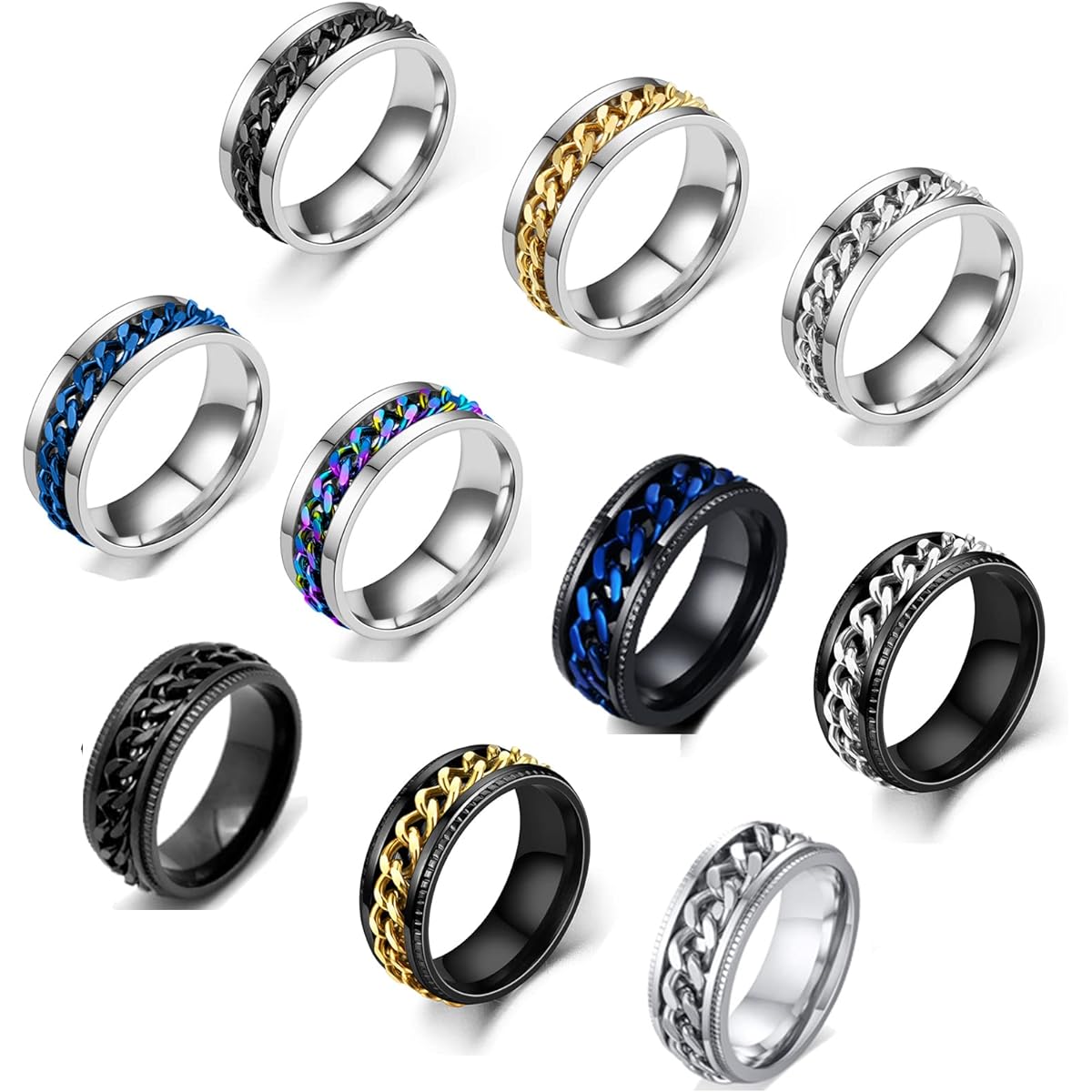 [SONNYX] 10Pcs 8mm Stainless Steel Spinner Rings for Men Women Chain Ring Biker Groove Edge, Spinner Rings with Chain Fidget Rings for Anxiety Size 7-11