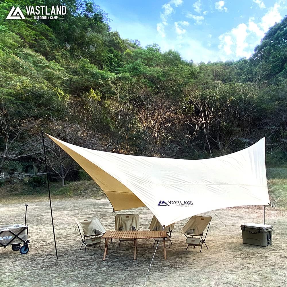 VASTLAND Tarp Hexatarp Entry Model 500cm x 472cm Tan Water Pressure Resistance 2000mm UPF50+ with Pole All-in-One Set