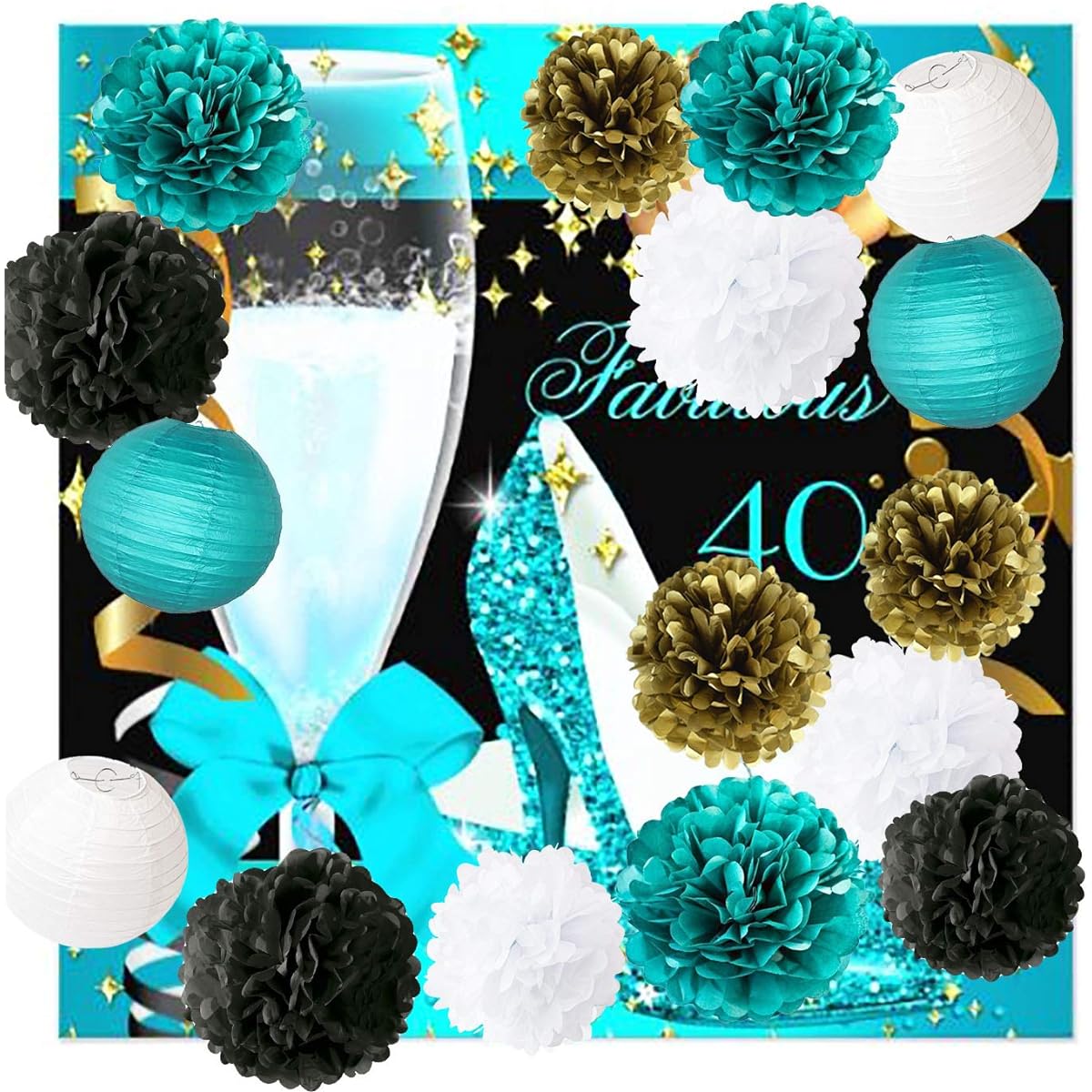 Furuix White Teal Black Gold Party Decorations Tissue Paper Pom Pom Paper Lanterns Teal Theme Party Wedding Teal Black Bridal Shower Decorations Teal Baby Shower Teal Wedding Decorations