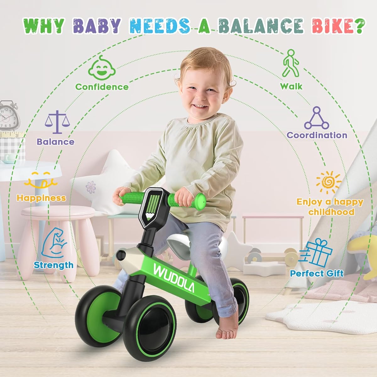 Wudola Baby Balance Bike for 10-36 Months, Toddler's First Riding Toy, No Pedals, 4 Wheels, Baby Walker, 1 Year Old Boy Girl Birthday Gift, Train Your Baby to Stand and Run (Green)
