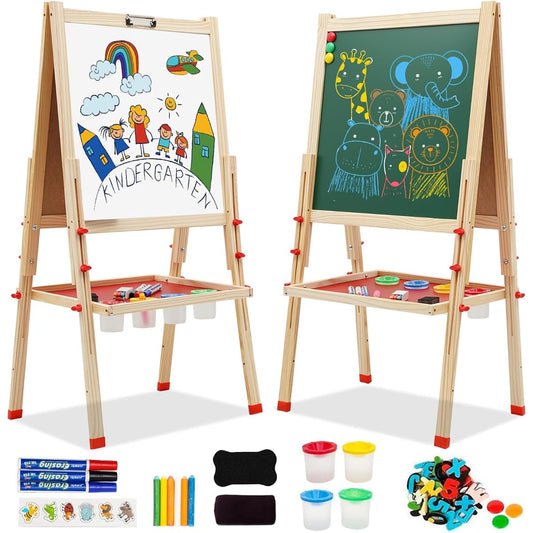 Easel for Kids, Wooden Art Easel, Double Sided Easel with Whiteboard, Chalkboard, Adjustable Height Standing Easel for Toddlers with Painting Accessories, Educational Gift for Ages 3-8, Boys and Girls