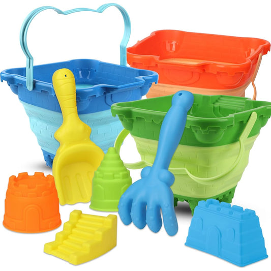 3 Pack Foldable Bucket Bucket with Mesh Bag Sanbox Beach Toys Set Foldable Bucket for Garden Beach, Camping, Fishing, Car Wash, Fun Summer Activities