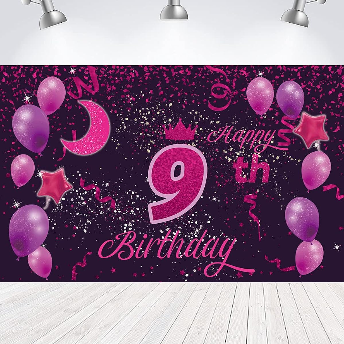 Sweet Happy 9th Birthday Backdrop Banner Poster 9th Birthday Party Decorations 9th Birthday Party Supplies 9th Year Photo Backdrop for Girls Boys Women Men Pink Purple 72.8 x 43.3 inches