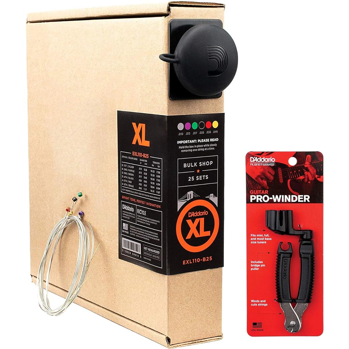 D'Addario Electric Guitar Strings Nickel Regular Light .010-.046 EXL110-B25 25set Bulk Pack + Planet Waves String Winder for Guitar with Nippers