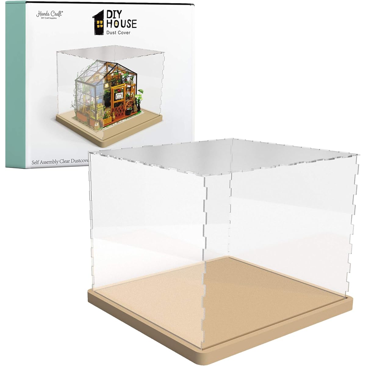 Hands Craft Miniature Dollhouse Display Case - Acrylic Dust Cover Wooden Base Transparent Clear Dust Cover Collectibles DIY House Model Assembly Box (DF01M)