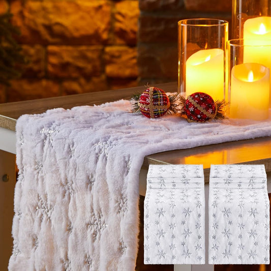 2 Pieces Christmas Table Runner with Sequins Snowflake Faux Fur Soft Sequin Table Runner Thick Table Decorations for Winter Snowy Christmas Holidays 15 x 72 Inches (Silver Snowflake)