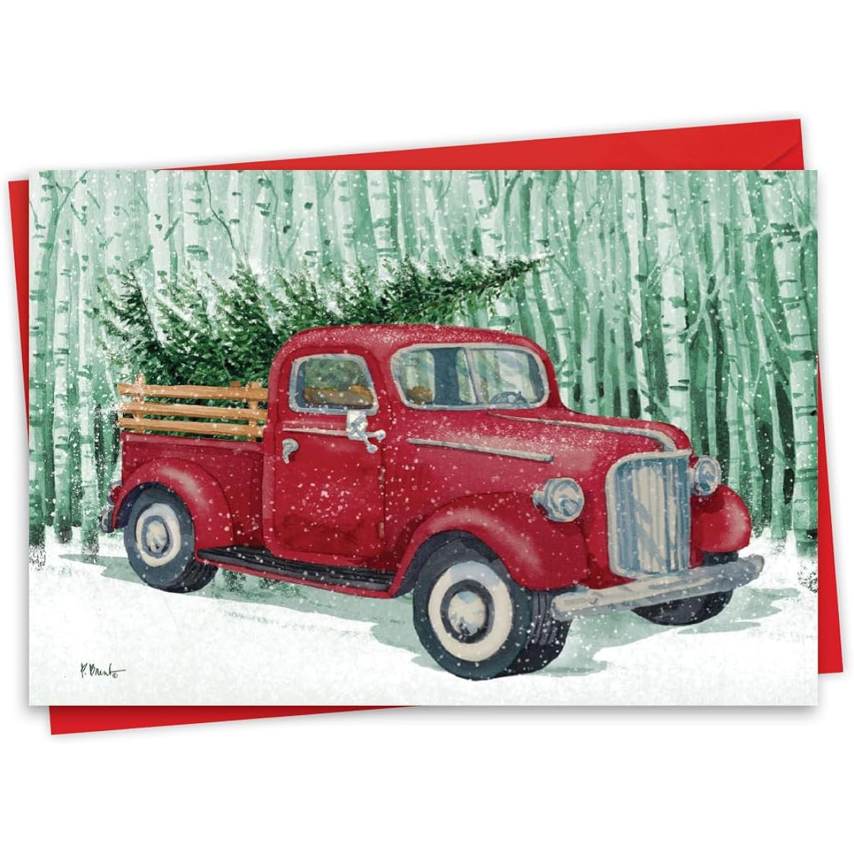 NobleWorks Christmas Greeting Cards with 5 x 7 Inch Envelopes (1 Card) Merry Christmas Holidays Holiday Camp - Red Truck C10201IXSG