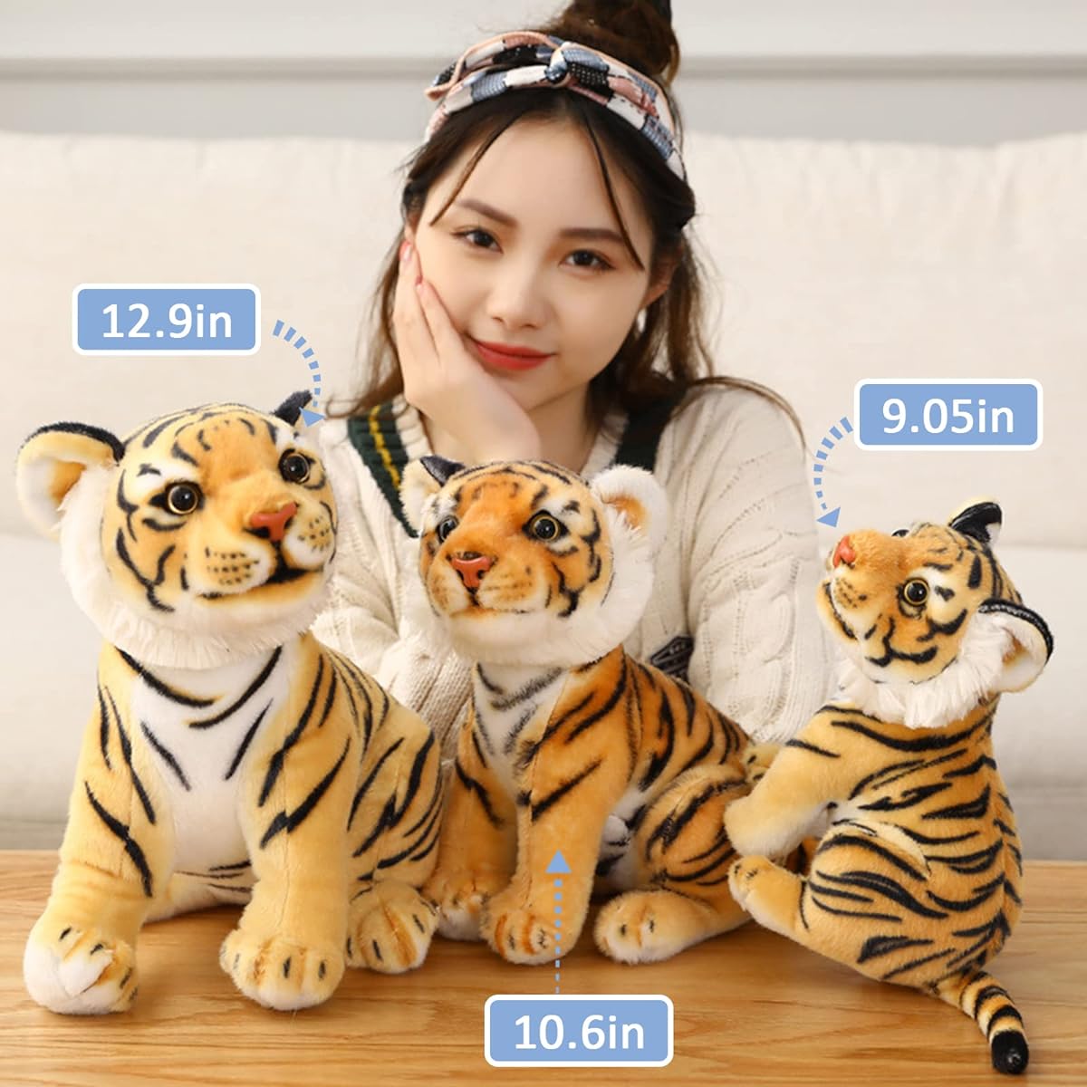 Mukola Tiger Plush Toy, Realistic Tiger Stuffed Animal Simulation Animal Plush Toy Soft Huggable Plush Pillow for Kids' Friend (9" Yellow Tiger)