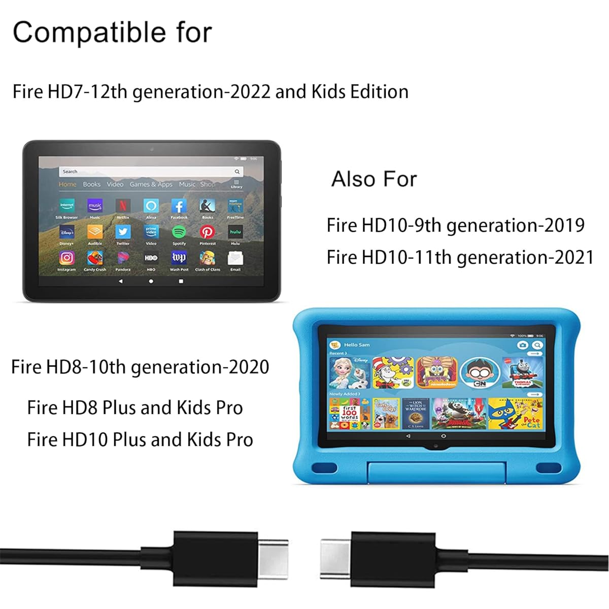 6.5ft USB C Charger for Fire HD 7-12th Gen/Fire HD 8-10th Gen/Fire HD 10-9th Gen/Fire HD7 8 10Plus Kids Edition Kids Pro