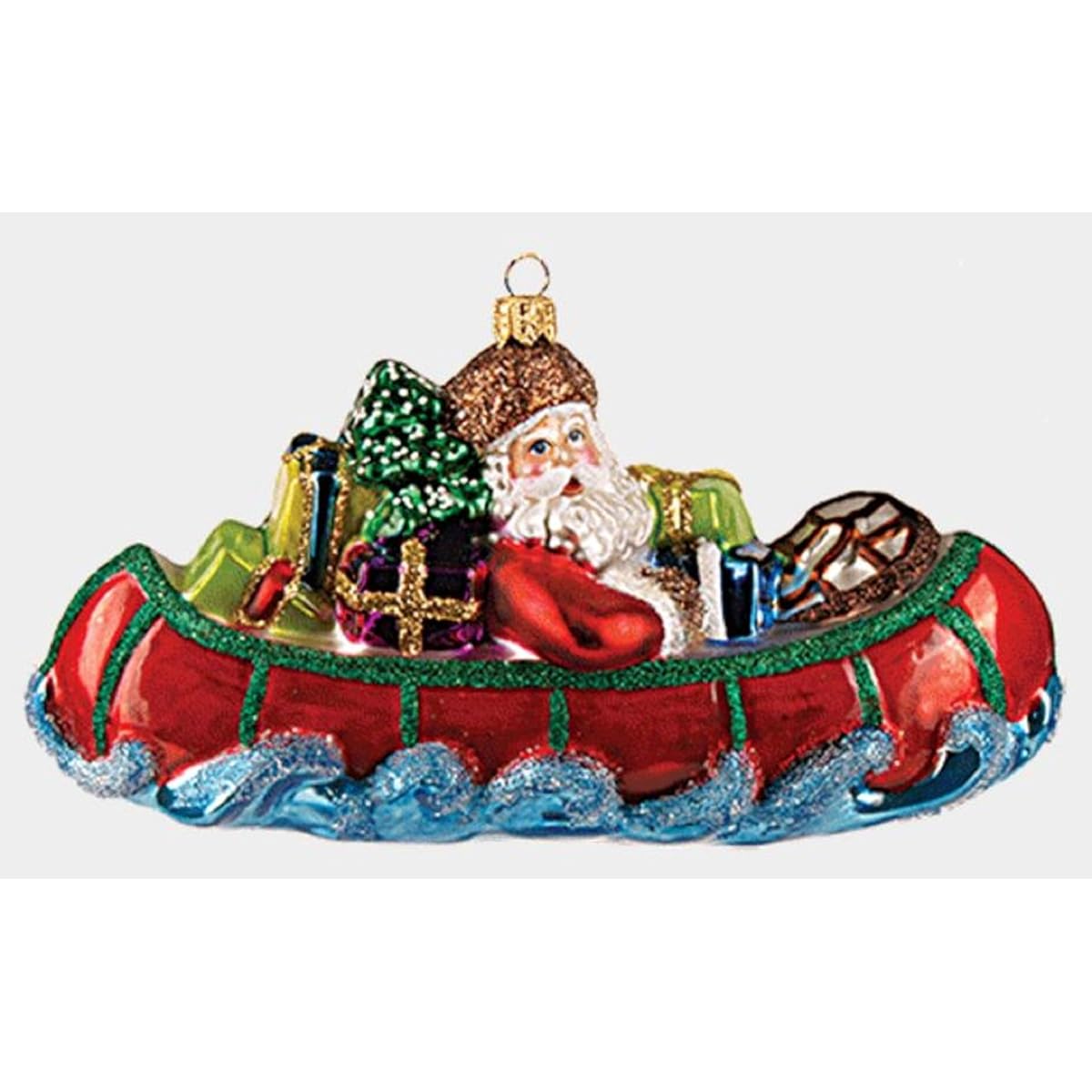 Santa Riding Canoe with Gifts Polish Glass Christmas Tree Ornament Decoration