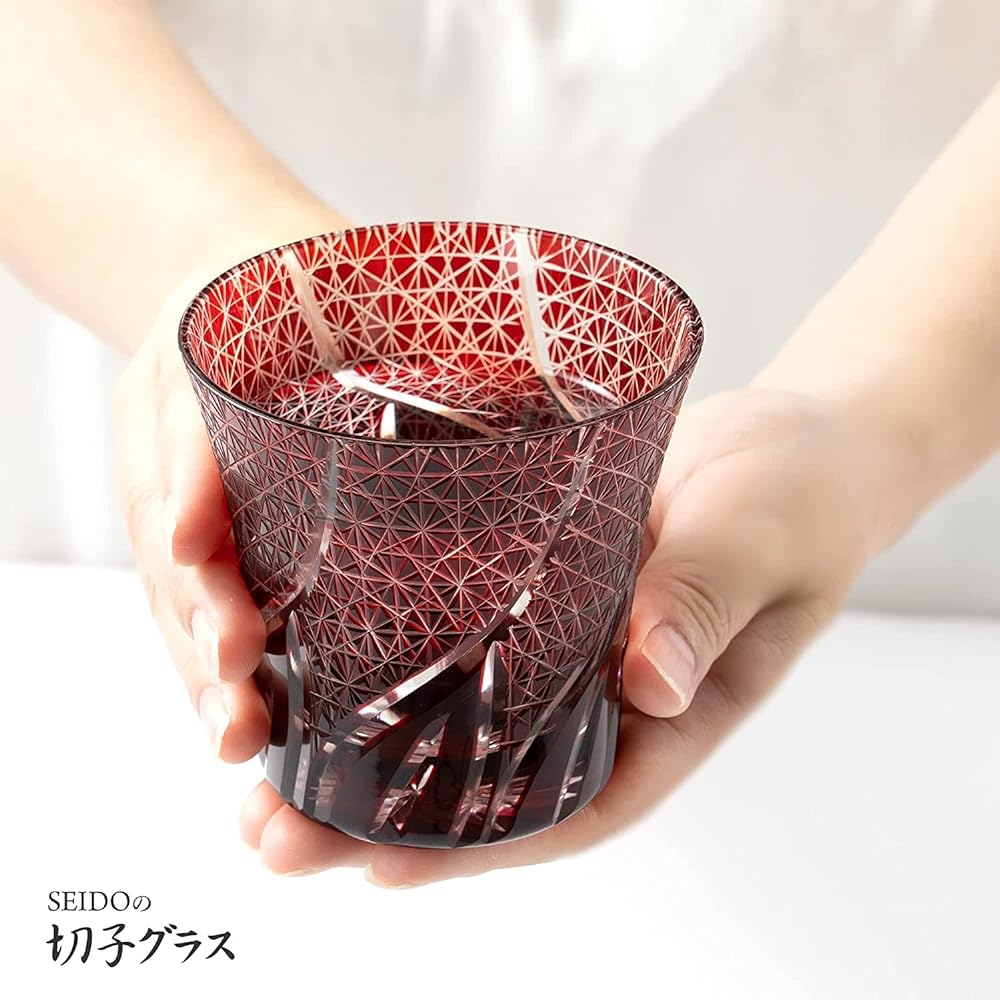 SEIDO Kiriko glass pair set, rocks glass, old glass, shochu glass, paulownia box, chrysanthemum Tsunagi Mogami 220ml