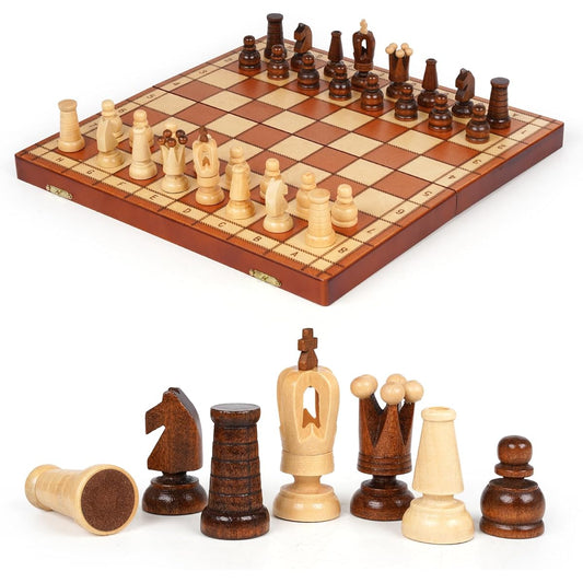 13.5" Magnetic Wooden Chess Set - 2 Queens - Foldable Chess Board - Chess Piece Storage Slots Handmade Portable Travel Chess Game - Beginner Chess Set for Kids and Adults