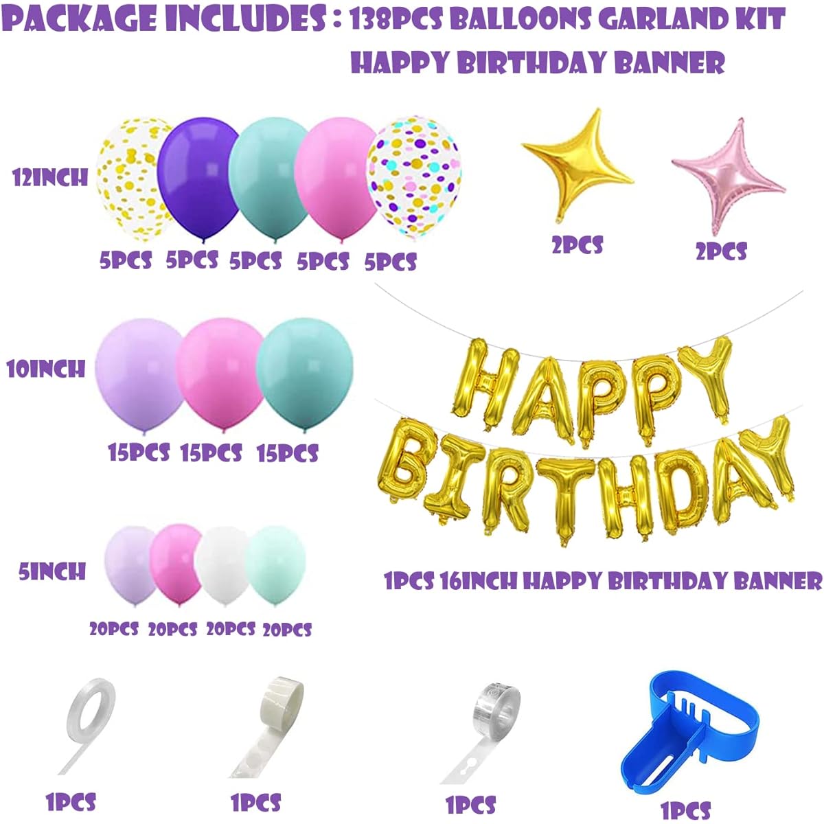 BMLFOH Birthday Decoration Balloons and Banner Supplies - 138 Pieces Balloon Garland Arch Kit and 16 Inch Gold Happy Birthday Balloon Letter Banner for Boy or Girl Birthday Theme Party
