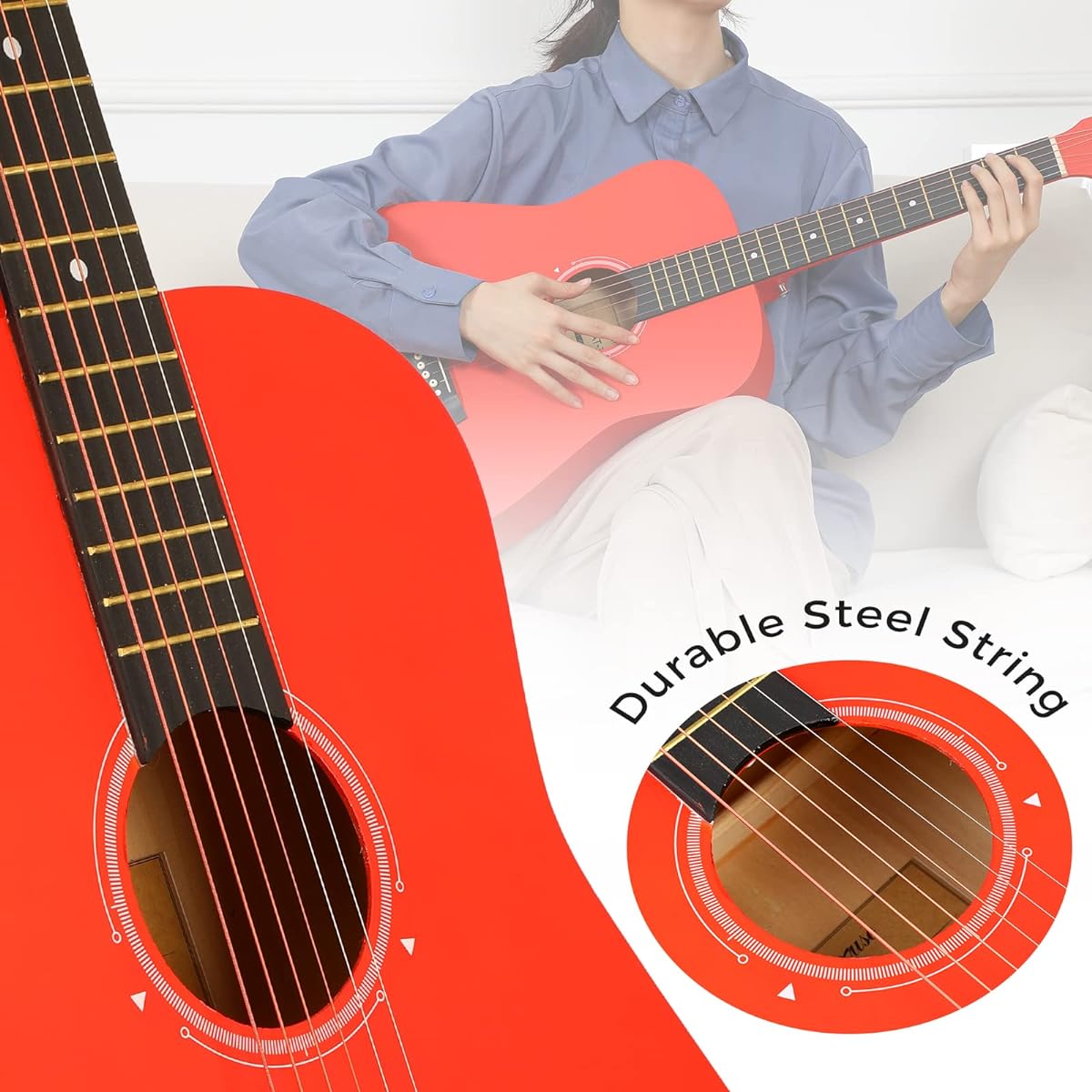 Asmuse 38" Acoustic Guitar Kit - Full Size Classical Acoustic Guitar 6 String with Gig Bag, Tuner, Picks, Straps and Accessories for Beginners, Adults and Teens (Red)