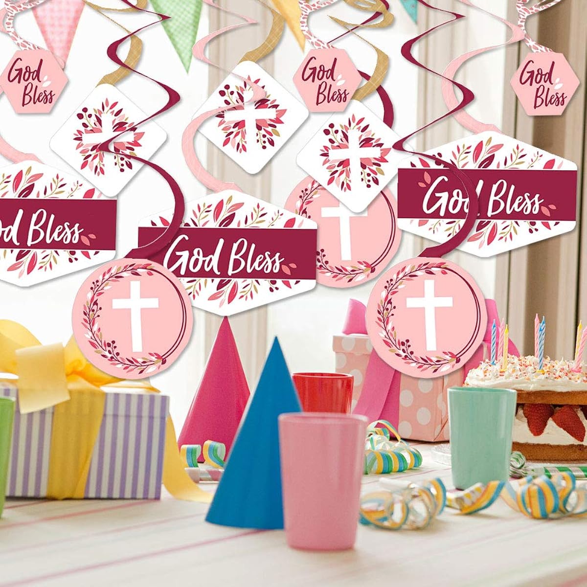 Big Dot of Happiness Pink Elegant Cross Girls Religious Party Hanging Decoration Party Decorations Swirls Set of 40