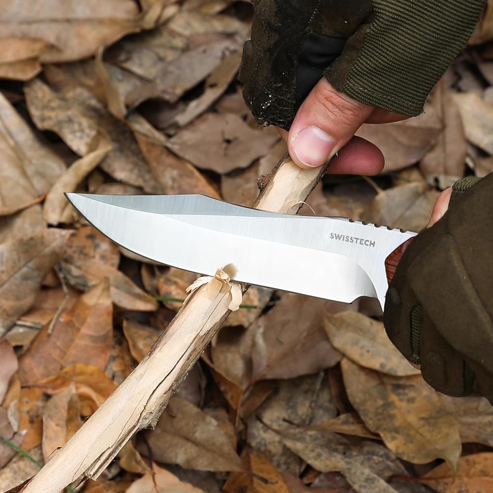 SWISS+TECH sheath knife, outdoor knife, camping knife, full tang structure, natural wood handle, total length approximately 26cm [with case]