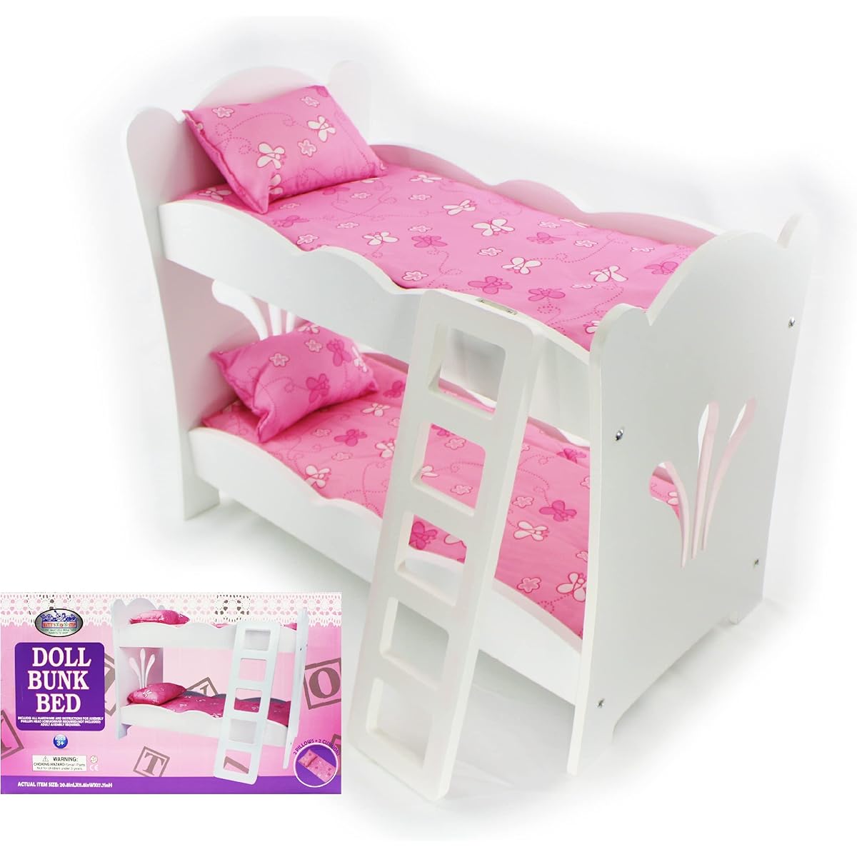 Matty's Toy Halt 18 Inch Doll Furniture White Wooden Bunk Bed with 2 Pink Pillows, 2 Pink Cushions & Ladder - Fits American Girl Dolls