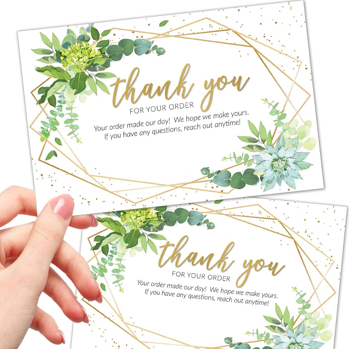 50 Extra Large Thank You Cards for Your Order - 4x6 Inch Faux Gold and Greenery Bulk Package Inserts for Small Business Purchases