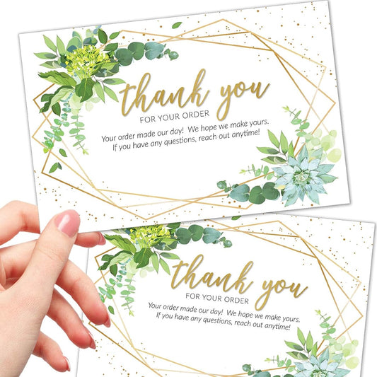50 Extra Large Thank You Cards for Your Order - 4x6 Inch Faux Gold and Greenery Bulk Package Inserts for Small Business Purchases
