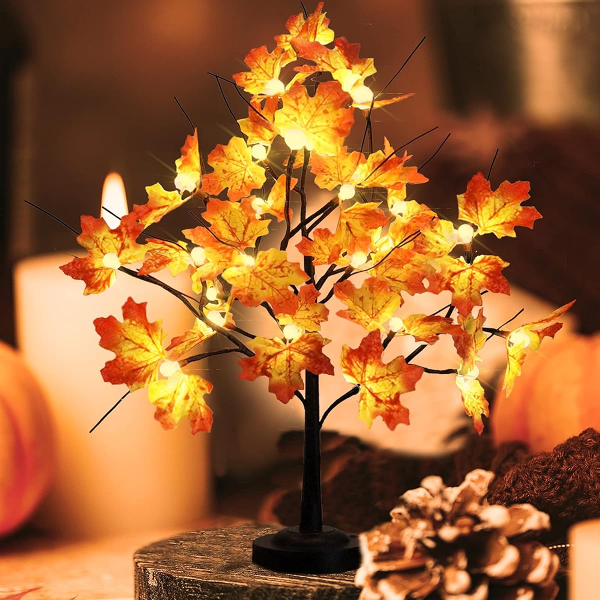 Mycznsyard Maple Tree Lights Fall Thanksgiving Decoration 24 LED Lighted Maple Tree with Leaves 2ft Maple Light Up Tree with 8 Lighting Modes USB & Battery Powered Home Decoration Holiday Party Gift Idea