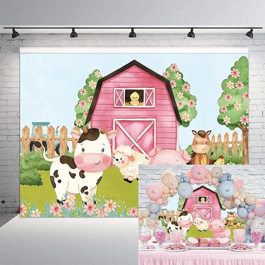 12x10ft Cartoon Farm Animals Party Backdrop Pink Barn Girl Baby Shower Birthday Photography Background Farmland Animals Cow Pig Barn Backdrop Banner Cake Table Decor Photo Booth Props