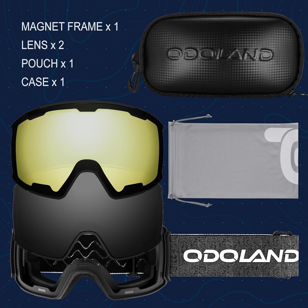 [Odoland] Ski Goggle Set, Lenses for Night Riding, Interchangeable Magnetic Lenses, 2 Layer Spherical Lenses, Mirror Lenses, Glasses Case Included, Anti-Fog, UV Protection, Men's and Women's Snow Goggles