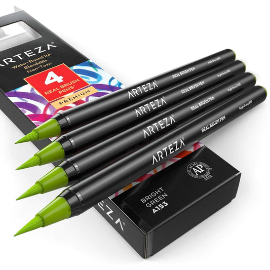 Arteza Real Brush Pen A153 Bright Green Pack of 4 Watercolor Pens with Nylon Tip for Dry Brush Painting Sketching Coloring Calligraphy Art Supplies