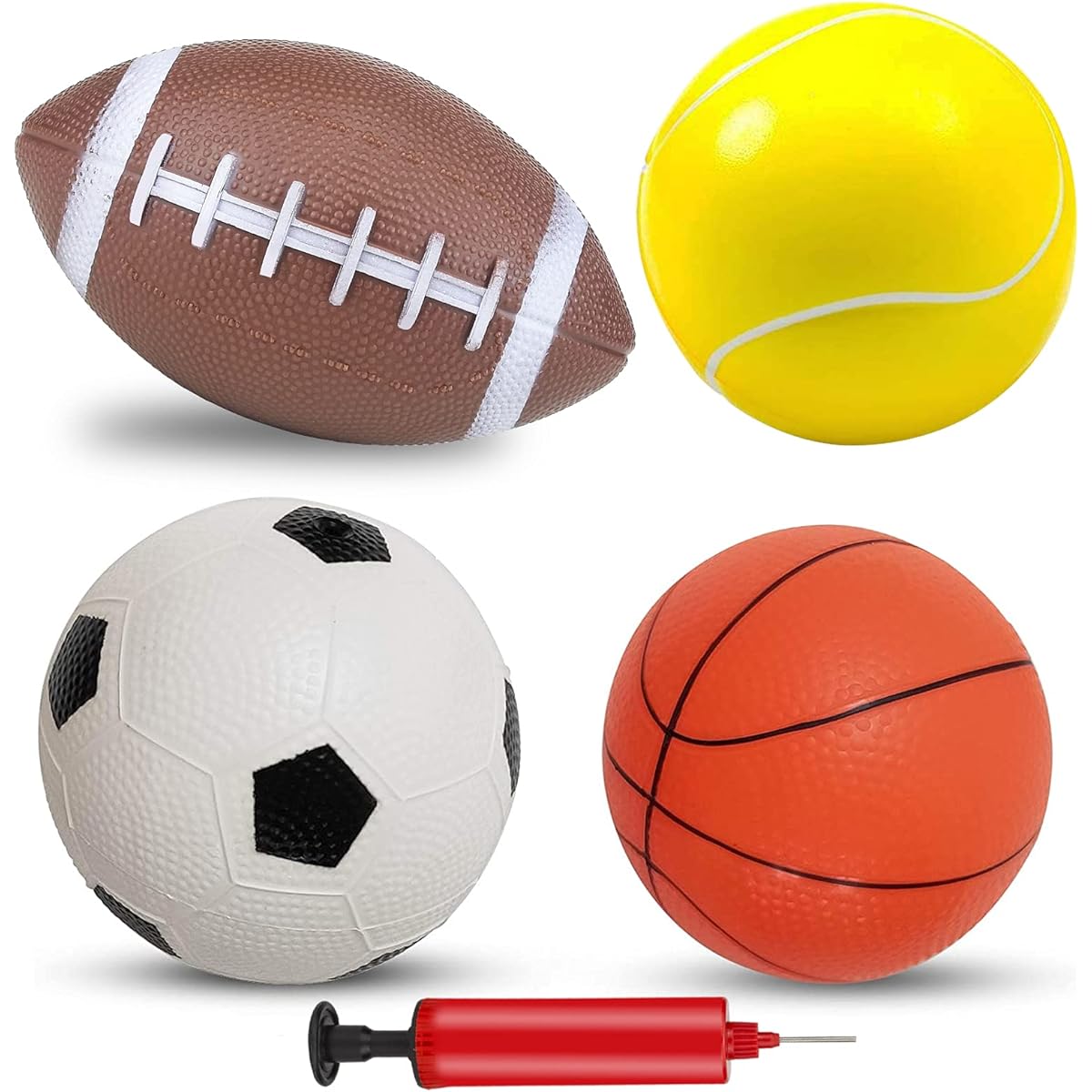 HongMe 4-Piece Soft Sports Ball Set with Air Pump for Kids & Toddlers - Soccer Ball, Basketball, Football, Tennis Ball