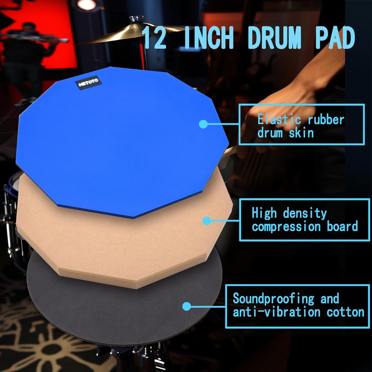 METOTO Snare Drum Practice Pad Kit with Stand, 12" Double-Sided Practice Drum Pad Set, Height Adjustable, 14.5-23"