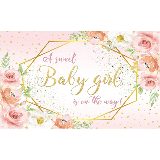 Allenjoy A Sweet Baby Girl is On The Way Backdrop Baby Shower Birthday Party Supplies Pink Flower Backdrop Banner Cake Table Decoration Photo Booth Gift Favors Props