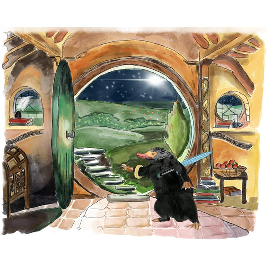 7DotArt. The Amazing Adventures of Niffler. Watercolor Poster Dual Size A4 Size Adjustable to 8"x10" Fine Art Heavyweight Watercolor Paper for Living Room, Bedroom, Bathroom (Niffler and Hobbit Hole)