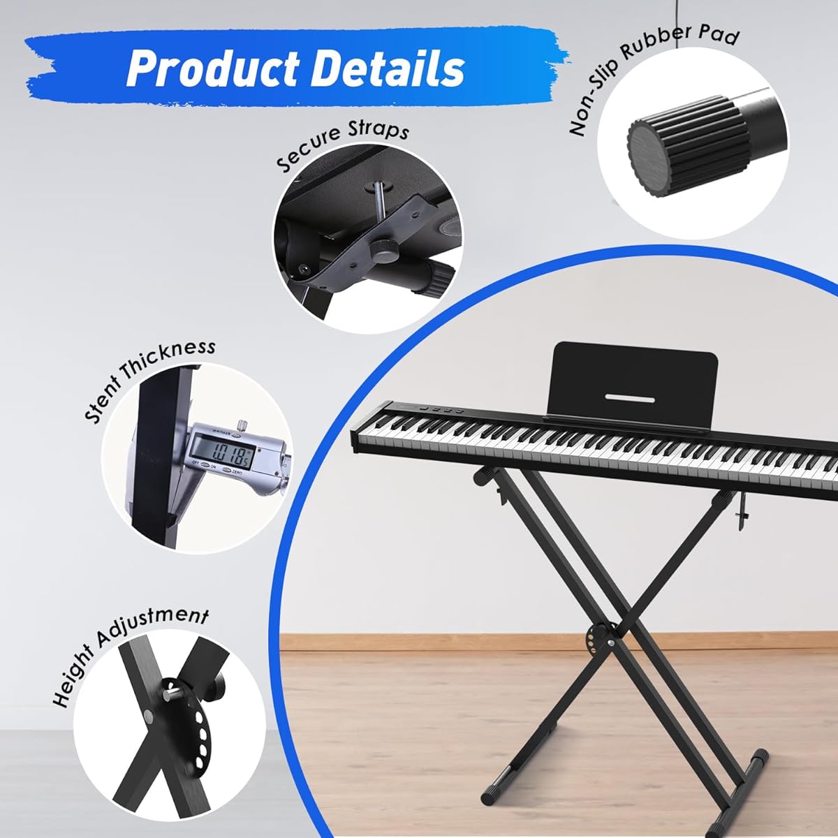 KONIX X Style Piano Stand, Double Braced Adjustable Keyboard Stand with Locking Strap & Quick Release Mechanism for 61 76 88 Keys