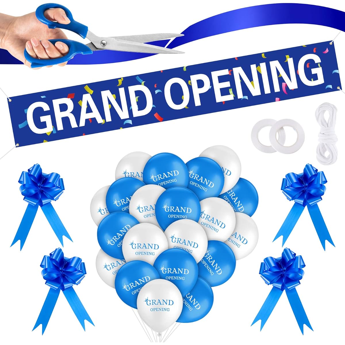 Grand Opening Ribbon Cutting Ceremony Kit, Grand Opening Banner, Grand Opening Decorations with 10" Scissors, 40 Balloons, Satin Ribbon Ribbon and Other Supplies for Business Events (Blue)