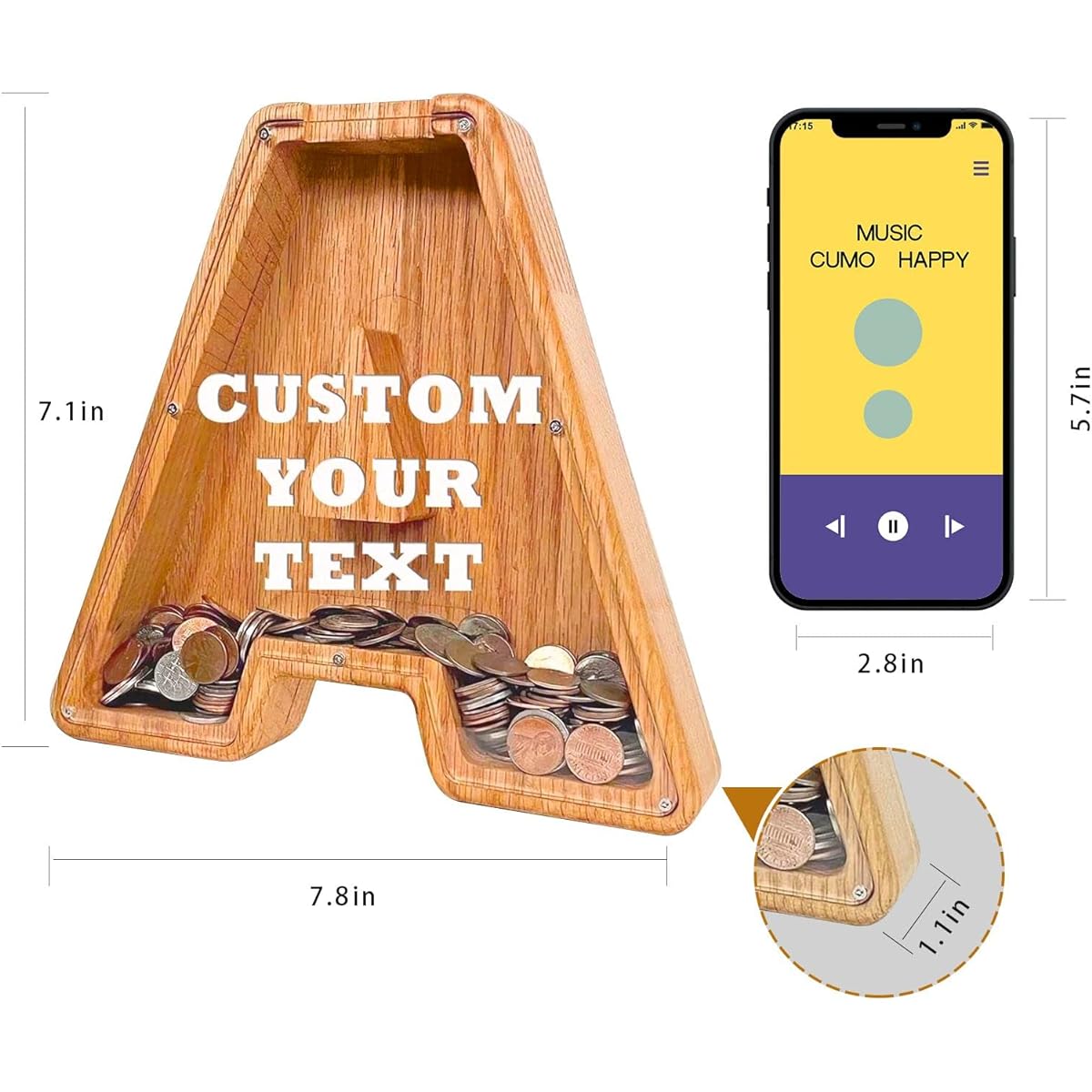 ALBK Custom Letter Piggy Bank Wooden M - Alphabet Storage Tank Personalized Letter Coin Bank for Kids DIY Manager Customize Text Home Decor