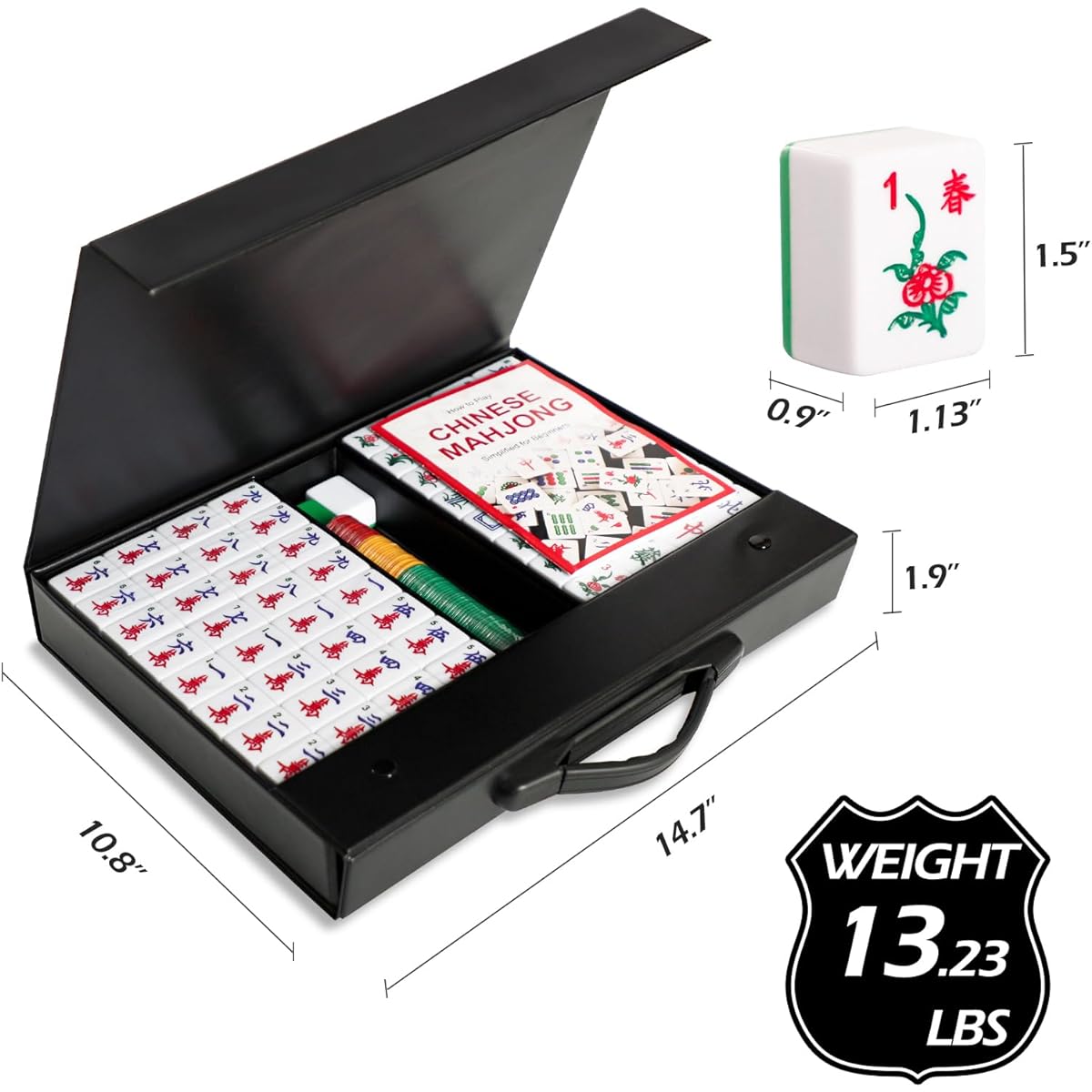 Professional Chinese Mahjong Set 146 Pieces Melamine 1.5" Large Green Mahjong Tiles Durable Case English Instructions Chinese Style Leisure Family Game Set (Mahjong)